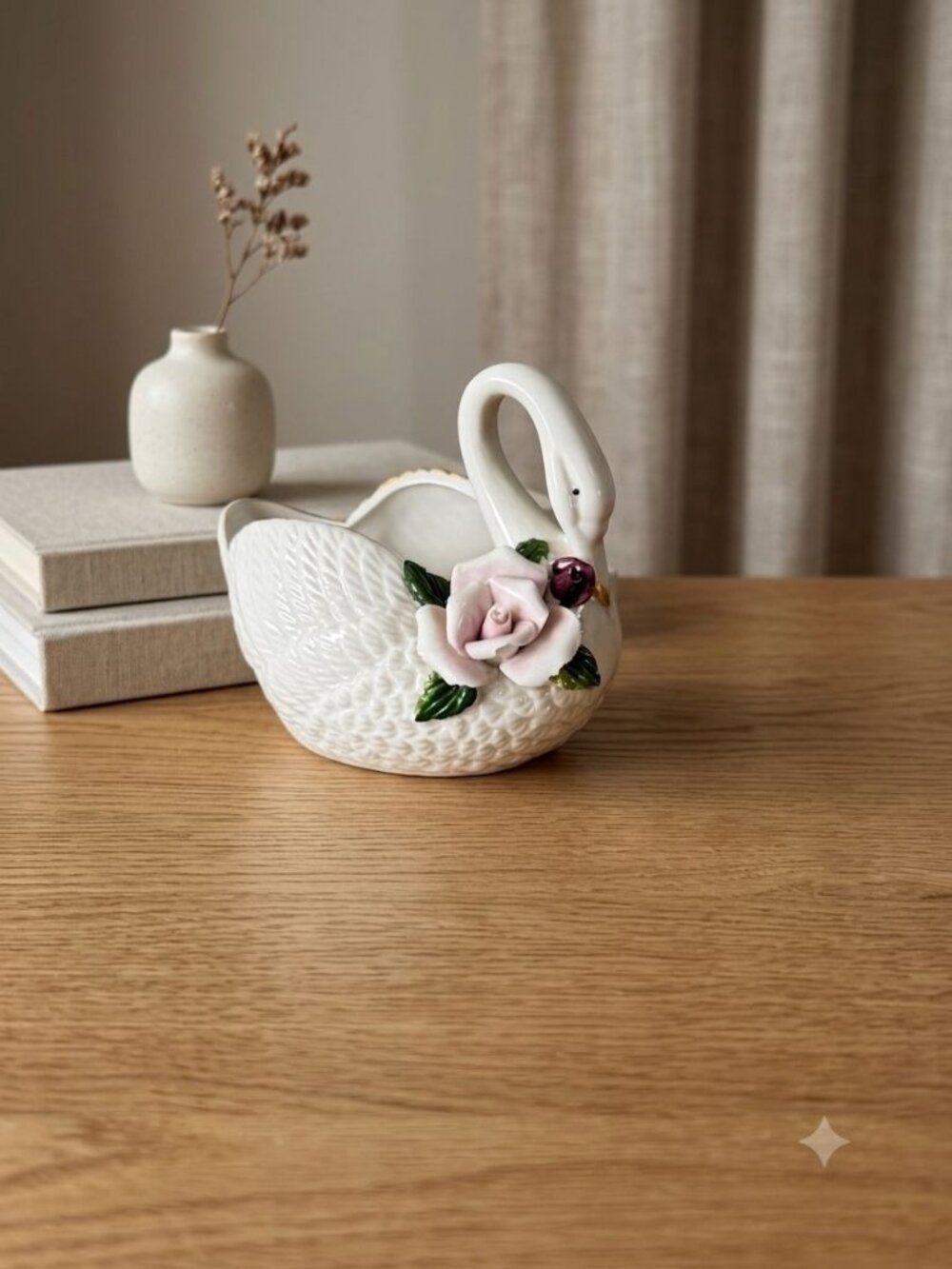 Mid-Century Porcelain Swan Planter or Trinket Holder with Applied Rose